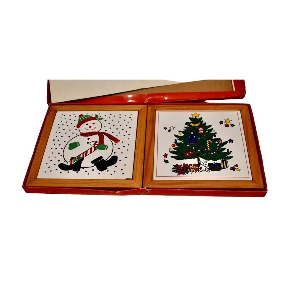 2 Vintage Cooks Tools Christmas Ceramic Hanging Tile Trivets Snowman and Christm